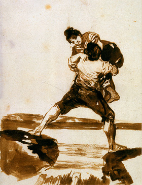 Francisco de Goya's Peasant Carrying a Woman (Hispanic Society of America, c. 1812–1820)